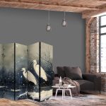 Paravent - Herons over a winter pond - Japanese-style illustration in dark colours