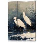 Paravent - Herons over a winter pond - Japanese-style illustration in dark colours