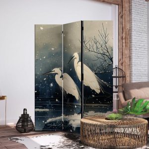Paravent - Herons over a winter pond - Japanese-style illustration in dark colours