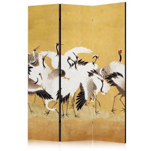 Paravent - Japanese cranes - a flock of birds against a golden background based on a painting by Ishida Yūtei