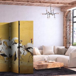 Paravent - Japanese cranes - a flock of birds against a golden background based on a painting by Ishida Yūtei