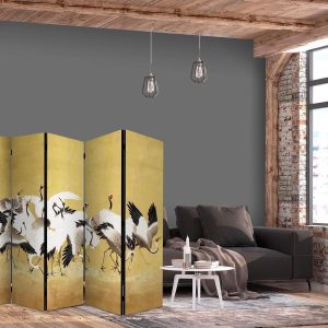 Paravent - Japanese cranes - a flock of birds against a golden background based on a painting by Ishida Yūtei