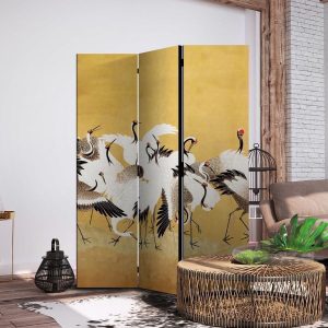 Paravent - Japanese cranes - a flock of birds against a golden background based on a painting by Ishida Yūtei
