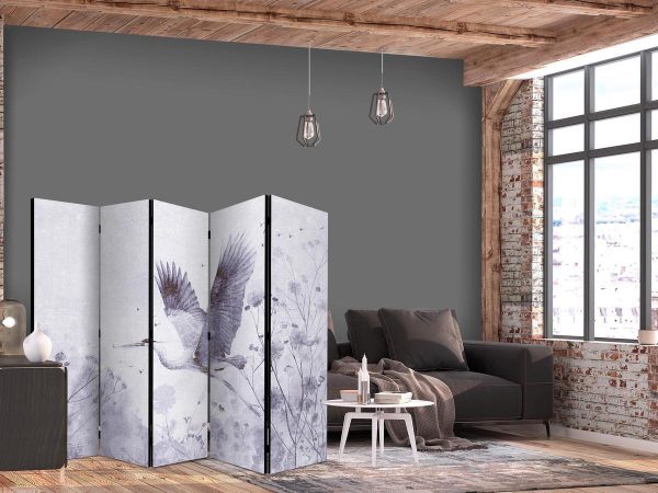 Paravent - Majestic flight - a crane in flight in monochrome, cool colours Paravent - Majestic flight - a crane in flight in monochrome, cool colours