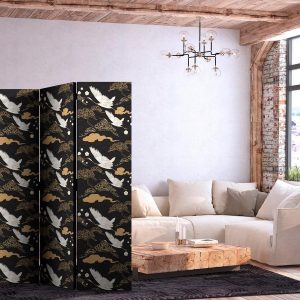 Paravent - Oriental impressions - decorative pattern with a motif of flying cranes on a dark background