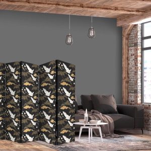 Paravent - Oriental impressions - decorative pattern with a motif of flying cranes on a dark background