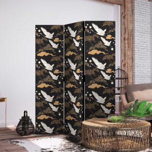 Paravent - Oriental impressions - decorative pattern with a motif of flying cranes on a dark background