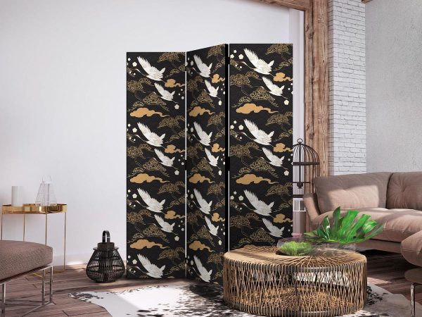 Paravent - Oriental impressions - decorative pattern with a motif of flying cranes on a dark background