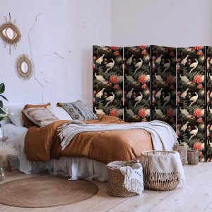 Paravent - Ornament with birds - silhouettes of cranes and peony flowers on a dark background