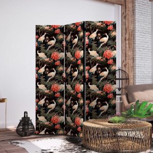 Paravent - Ornament with birds - silhouettes of cranes and peony flowers on a dark background