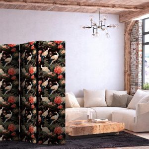Paravent - Ornament with birds - silhouettes of cranes and peony flowers on a dark background