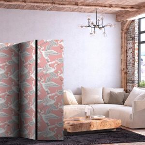 Paravent - Pastel birds - a delicate pattern of white and grey herons on a light pink background
