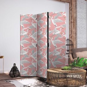 Paravent - Pastel birds - a delicate pattern of white and grey herons on a light pink background