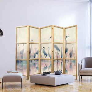 Paravent japonais - Birds by the lake – herons painted in watercolours in delicate grey and pink colours