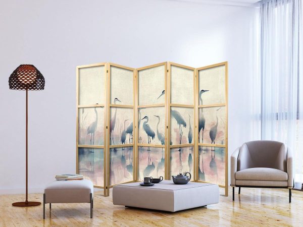Paravent japonais - Birds by the lake – herons painted in watercolours in delicate grey and pink colours