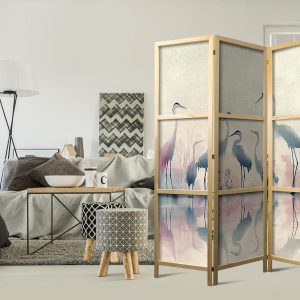 Paravent japonais - Birds by the lake – herons painted in watercolours in delicate grey and pink colours