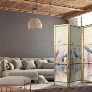 Paravent japonais - Birds by the lake – herons painted in watercolours in delicate grey and pink colours