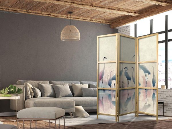 Paravent japonais - Birds by the lake – herons painted in watercolours in delicate grey and pink colours