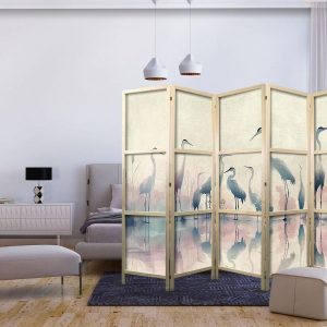 Paravent japonais - Birds by the lake – herons painted in watercolours in delicate grey and pink colours