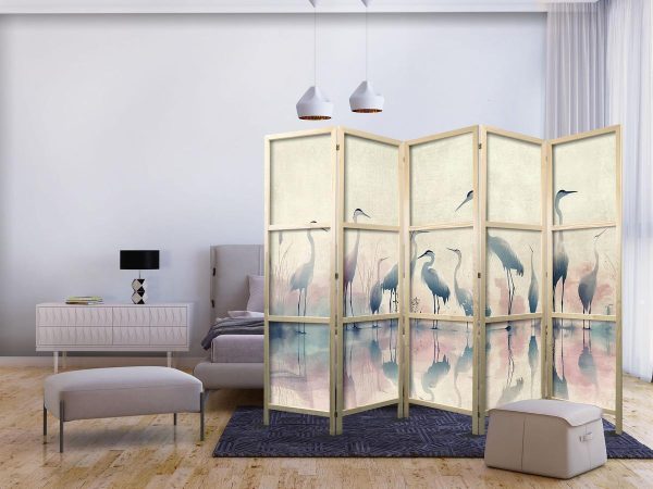 Paravent japonais - Birds by the lake – herons painted in watercolours in delicate grey and pink colours Paravent japonais - Birds by the lake – herons painted in watercolours in delicate grey and pink colours