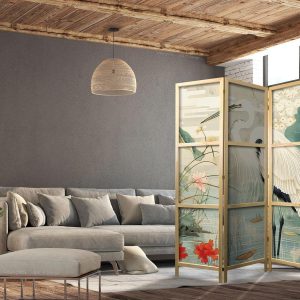 Paravent japonais - By an Asian pond - an illustration in the style of a Japanese engraving, depicting a heron