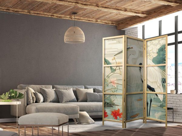 Paravent japonais - By an Asian pond - an illustration in the style of a Japanese engraving, depicting a heron