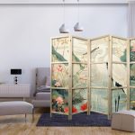 Paravent japonais - By an Asian pond - an illustration in the style of a Japanese engraving, depicting a heron