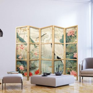 Paravent japonais - By an Asian pond - an illustration in the style of a Japanese engraving, depicting a heron