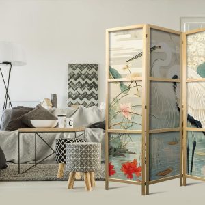 Paravent japonais - By an Asian pond - an illustration in the style of a Japanese engraving, depicting a heron