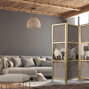 Paravent japonais - Crane dance - bright silhouettes of birds on a warm grey background with texture