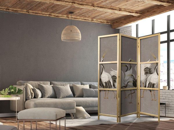 Paravent japonais - Crane dance - bright silhouettes of birds on a warm grey background with texture