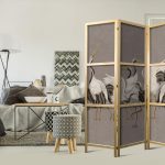 Paravent japonais - Crane dance - bright silhouettes of birds on a warm grey background with texture