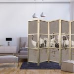 Paravent japonais - Crane dance - bright silhouettes of birds on a warm grey background with texture