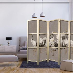 Paravent japonais - Crane dance - bright silhouettes of birds on a warm grey background with texture