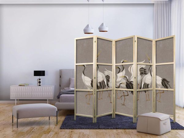 Paravent japonais - Crane dance - bright silhouettes of birds on a warm grey background with texture Paravent japonais - Crane dance - bright silhouettes of birds on a warm grey background with texture