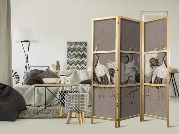 Paravent japonais - Crane dance - bright silhouettes of birds on a warm grey background with texture Paravent japonais - Crane dance - bright silhouettes of birds on a warm grey background with texture