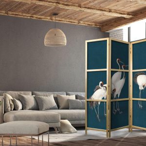 Paravent japonais - Evening by the pond - a group of cranes drawn in dry pastel on a dark turquoise background