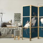 Paravent japonais - Evening by the pond - a group of cranes drawn in dry pastel on a dark turquoise background