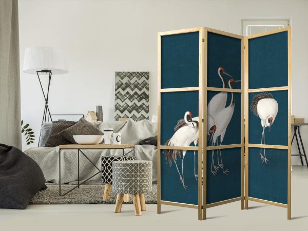 Paravent japonais - Evening by the pond - a group of cranes drawn in dry pastel on a dark turquoise background Paravent japonais - Evening by the pond - a group of cranes drawn in dry pastel on a dark turquoise background