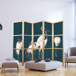 Paravent japonais - Evening by the pond - a group of cranes drawn with dry pastels on a dark turquoise background