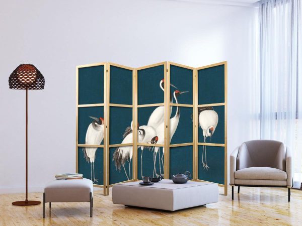 Paravent japonais - Evening by the pond - a group of cranes drawn with dry pastels on a dark turquoise background