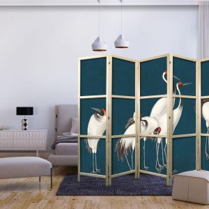 Paravent japonais - Evening by the pond - a group of cranes drawn with dry pastels on a dark turquoise background