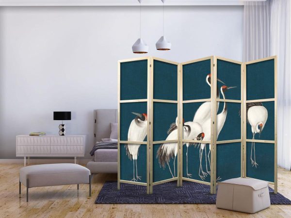 Paravent japonais - Evening by the pond - a group of cranes drawn with dry pastels on a dark turquoise background Paravent japonais - Evening by the pond - a group of cranes drawn with dry pastels on a dark turquoise background