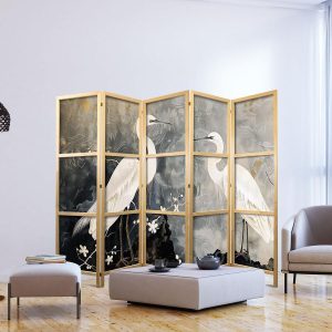 Paravent japonais - Herons and cherry blossoms - oriental-style illustration depicting birds