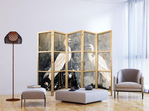 Paravent japonais - Herons and cherry blossoms - oriental-style illustration depicting birds