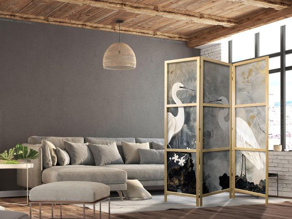 Paravent japonais - Herons and cherry blossoms - oriental-style illustration depicting birds