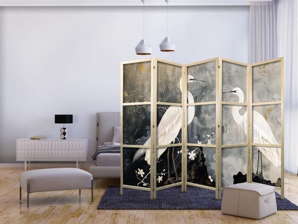 Paravent japonais - Herons and cherry blossoms - oriental-style illustration depicting birds Paravent japonais - Herons and cherry blossoms - oriental-style illustration depicting birds