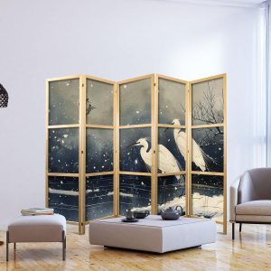 Paravent japonais - Herons over a winter pond - Japanese-style illustration in dark colours