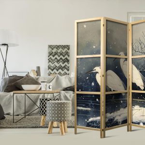 Paravent japonais - Herons over a winter pond - Japanese-style illustration in dark colours