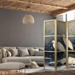 Paravent japonais - Herons over a winter pond - Japanese-style illustration in dark colours